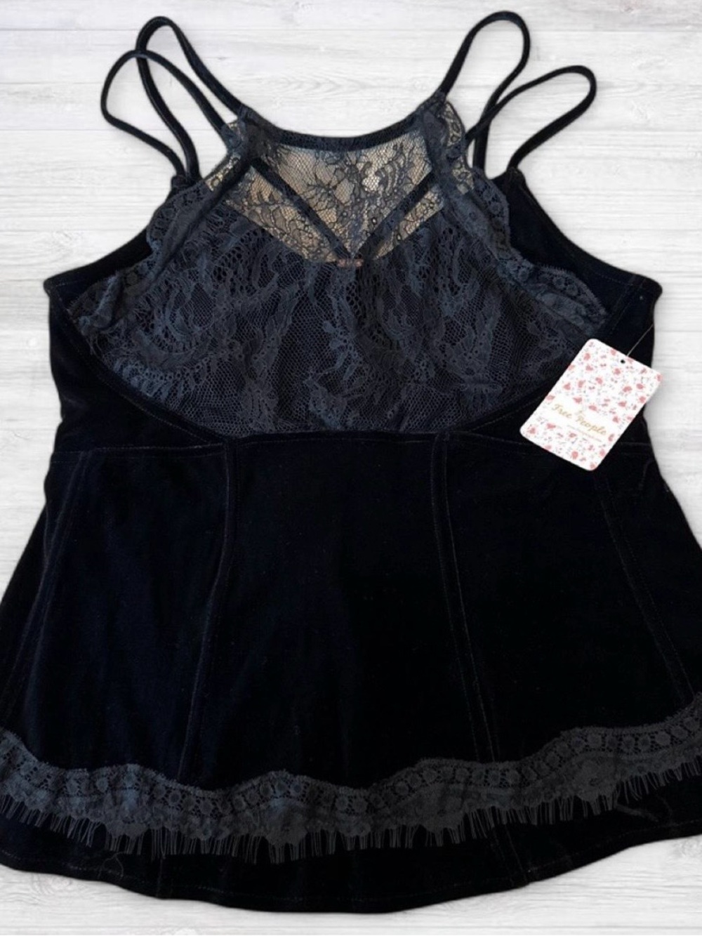 Free People Black Lace-Trim Velvet Top